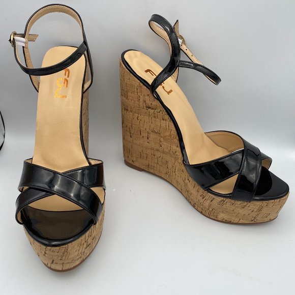 FSJ Shoes - ❤Sold❤Black Platform Strappy Open Toe Cork Sandal
